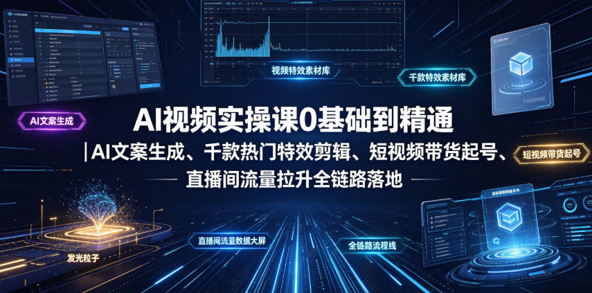 AI视频实操课0基础到精通｜AI文案生成、千款热门特效剪辑、短视频带货起号、直播间流量拉升全链路落地-铜臭网