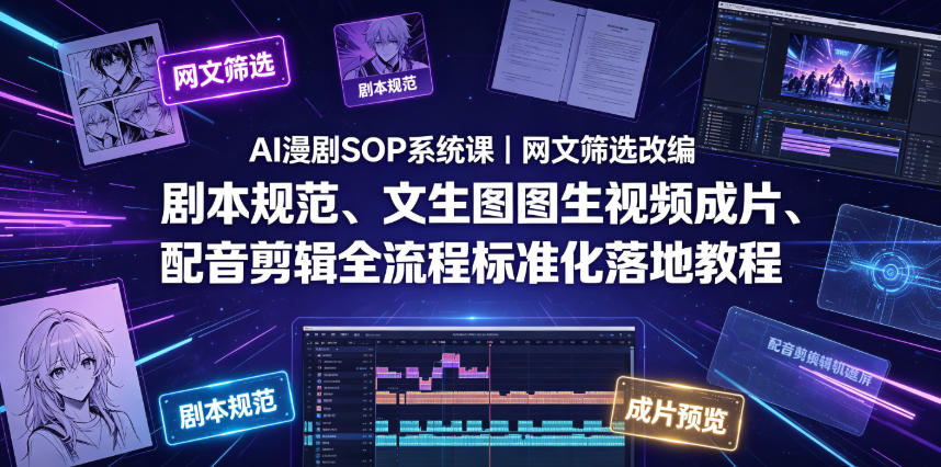 AI漫剧SOP系统课｜网文筛选改编、剧本规范、文生图图生视频成片、配音剪辑全流程标准化落地教程-铜臭网