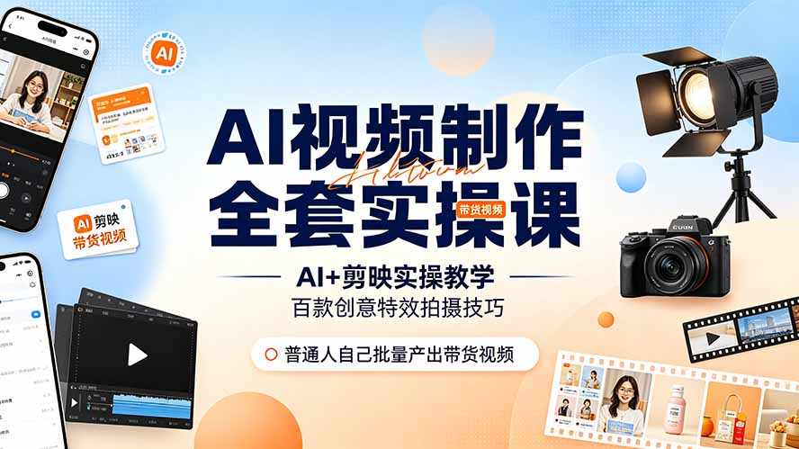 AI视频制作全套实操课,多款AI工具搭配剪映教学,百种特效运镜拍摄实操,抖音账号带货运营全覆盖-铜臭网
