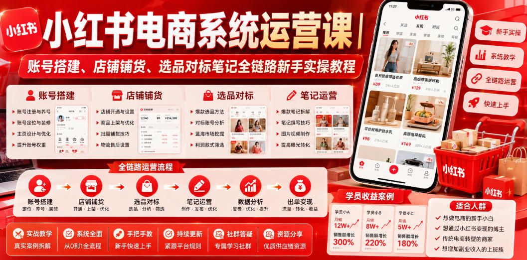 小红书电商系统运营课|账号搭建、店铺铺货、选品对标笔记全链路新手实操教程-铜臭网