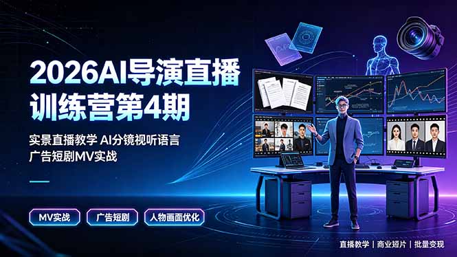 2026AI导演直播训练营第4期,实景直播教学AI分镜视听语言,广告短剧MV实战,解决人物画面崩坏痛点-铜臭网