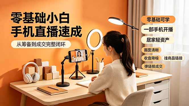 零基础小白手机直播速成，从筹备到成交完整闭环，适配苹果安卓系统，解决杂音卡顿留人难问题-铜臭网