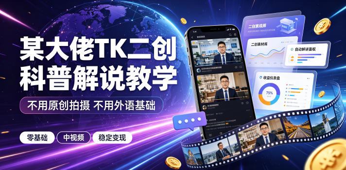 某大佬TK二创科普解说教学,不用原创拍摄不用外语基础,零基础做TikTok中视频稳定变现-铜臭网