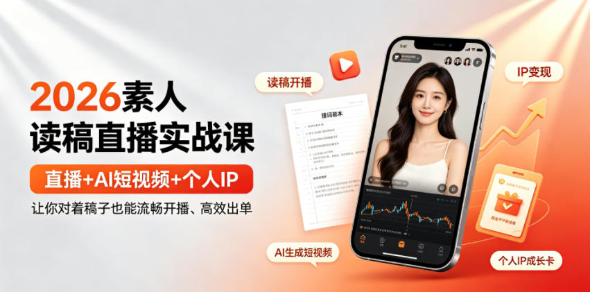 2026素人读稿直播实战课|直播+AI短视频+个人IP,让你对着稿子也能流畅开播、高效出单-铜臭网
