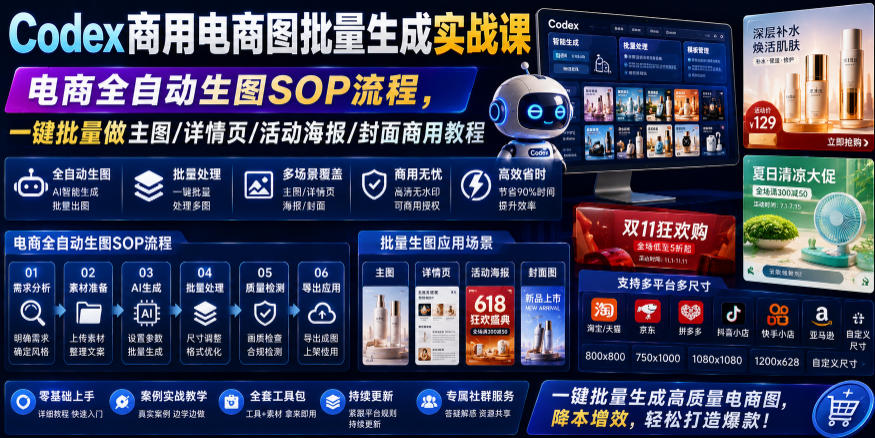 Codex商用电商图批量生成实战课|电商全自动生图SOP流程,一键批量做主图/详情页/活动海报/封面商用教程-铜臭网