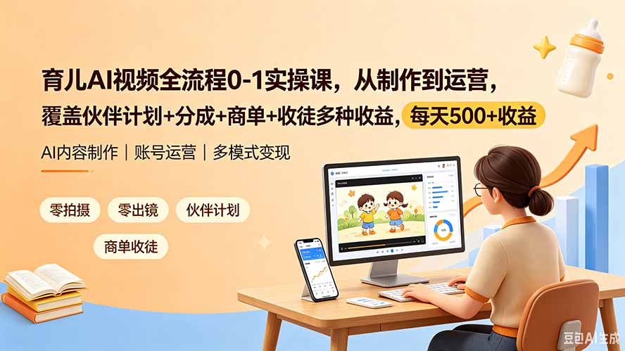 育儿AI视频全流程0-1实操课，从制作到运营，覆盖伙伴计划+分成+商单+收徒多种收益，每天500+收益-铜臭网