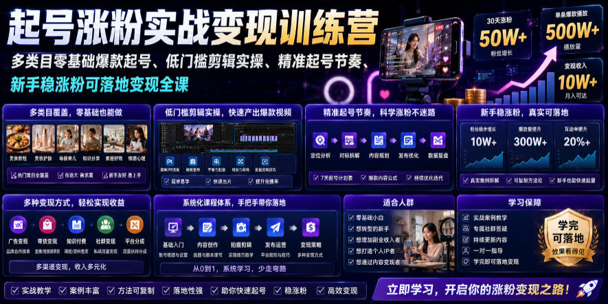 苗子起号涨粉实战变现训练营,多类目零基础爆款起号、精准起号节奏、新手稳涨粉可落地变现全课-铜臭网