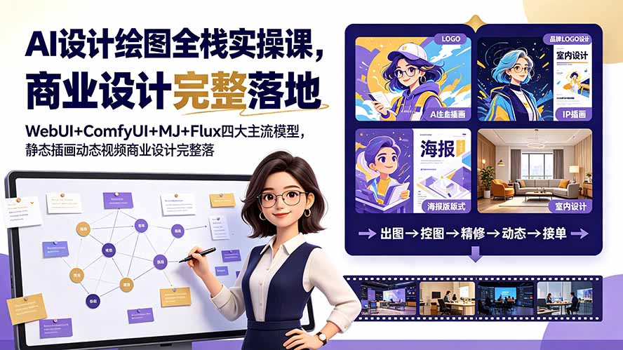 AI设计绘图全栈实操课,WebUI+ComfyUI+MJ+Flux四大主流模型,静态插画动态视频商业设计完整落地教程-铜臭网