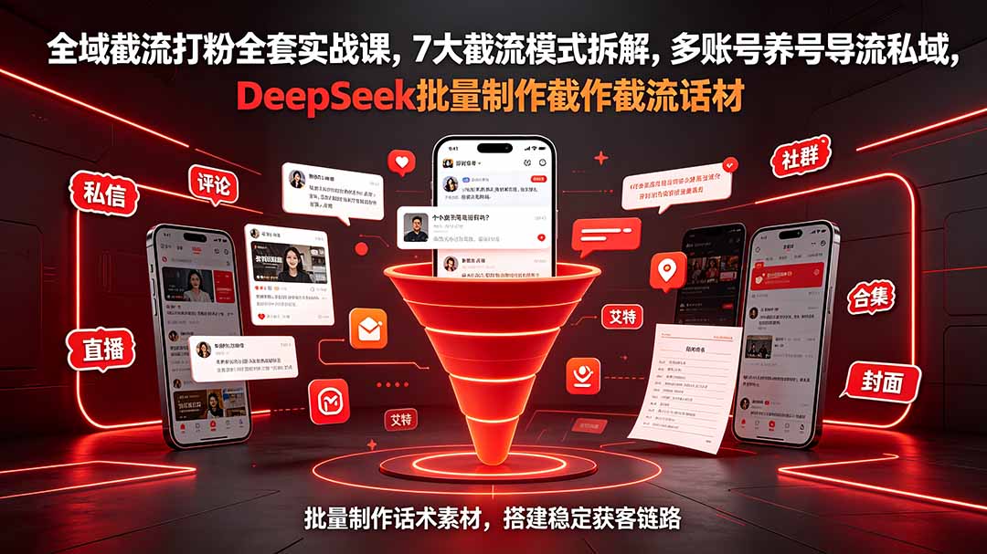 全域截流打粉全套实战课，7大截流模式拆解，多账号养号导流私域，DeepSeek批量制作截流话术素材-铜臭网
