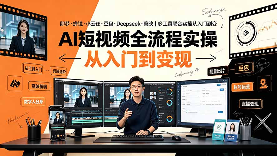 AI短视频全流程实操:即梦·蝉镜·小云雀·豆包·Deepseek·剪映|多工具联合实操从入门到变现-铜臭网