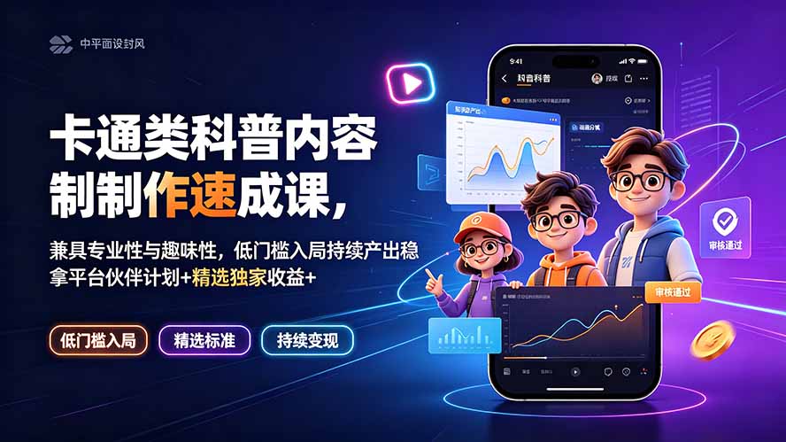 卡通类科普内容制作速成课,兼具专业性与趣味性,低门槛入局持续产出稳拿平台伙伴计划+精选独家收益-铜臭网