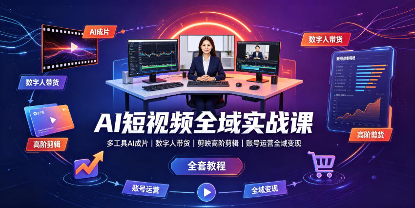 AI短视频全域实战课｜多工具AI成片、数字人带货、剪映高阶剪辑、账号运营全域变现全套教程-铜臭网