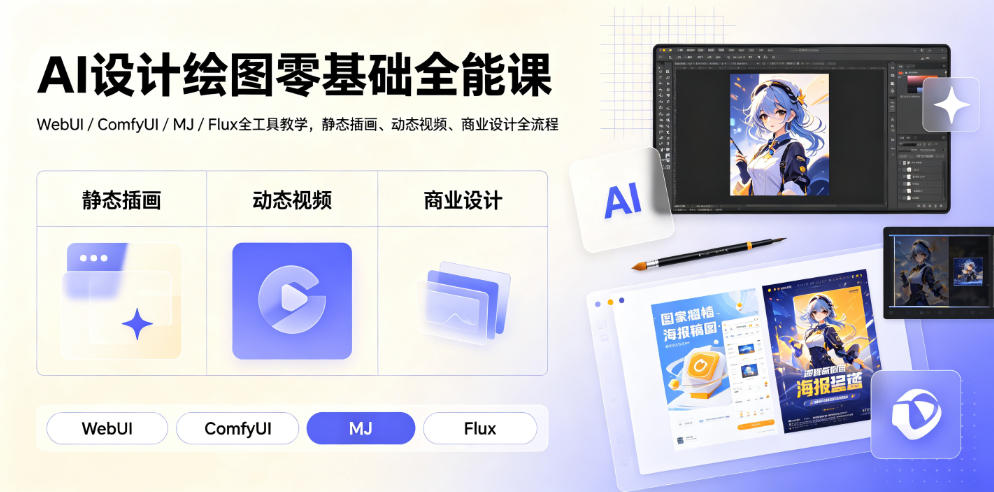 AI设计绘图零基础全能课|WebUI/ComfyUI/MJ/Flux全工具教学,静态插画、动态视频、商业设计全流程-铜臭网