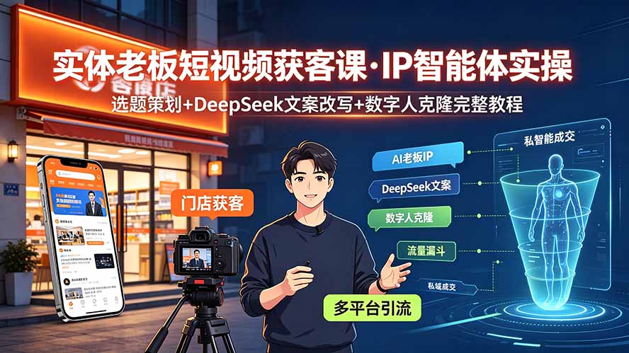 实体老板短视频获客课·IP智能体实操｜选题策划+DeepSeek文案改写+数字人克隆完整教程-铜臭网