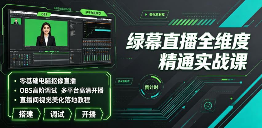 绿幕直播全维度精通实战课|零基础电脑抠像直播、OBS高阶调试、多平台高清开播、直播间视觉美化落地教程-铜臭网